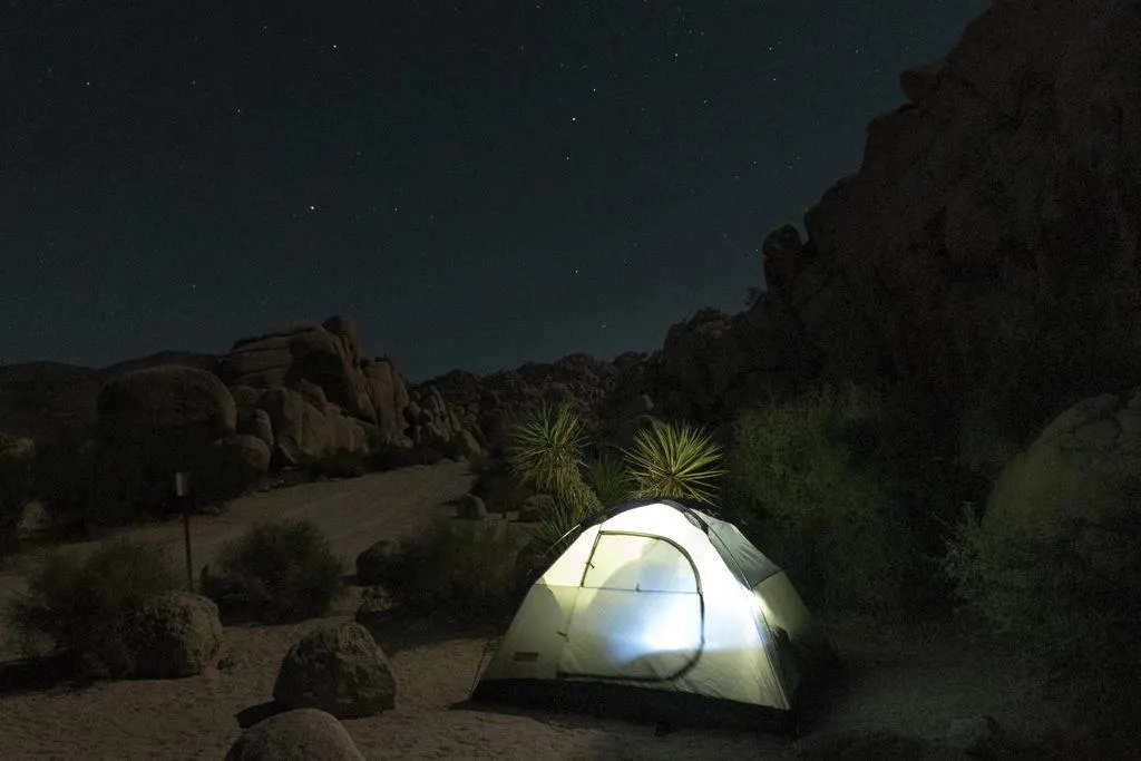 Tent at night in Joshua Tree National Park