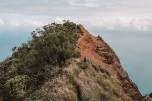 Hiker along narrow path of the Kalepa Ridge Trail in Kauai