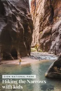 Hiking the Narrows in Zion National Park: 11 Tips for Hiking with Kids | The Narrows in Zion National Park is easily one of the most popular hikes in the park. There are plenty of hikes where you&nbsp;walk&nbsp;along a stream or cross a river, but few where the entire trail is directly up (or down) a river.&nbsp;Since walking through water for several hours can present a few unique challenges, especially if you have a few kids in your crew, we&rsquo;ve jotted down the answers to all the questions we had before doing this hike.&nbsp;Here are our tips for hiking the Narrows in Zion with kids.&nbsp; #utah #zionnationalpark #hiking #thenarrows #hikingwithkids #travelwithkids #usatravel