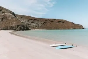 SUP boards on an empty stretch of beach at Balandra Beach
