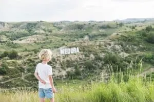 The Medora sign viewed from the Pitchfork Steak Fondue