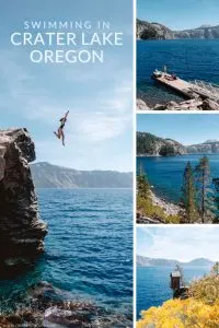 If you&rsquo;ve ever wondered if you can go swimming in the clear blue waters of Crater Lake in Oregon, the answer is yes! Hike the Cleetwood Cove Trail to go swimming or cliff jumping in Crater Lake National Park. This trail also leads to the boat dock where you can take a boat tour of the lake, or make a stop at Wizard Island. #Oregon #PNW #CraterLakeNationalPark
