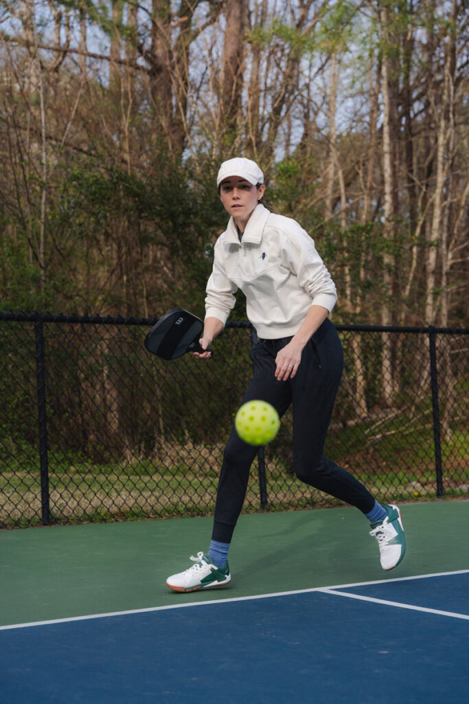 Playing pickleball in the Notace Koto, wide toe box court shoes with cushion